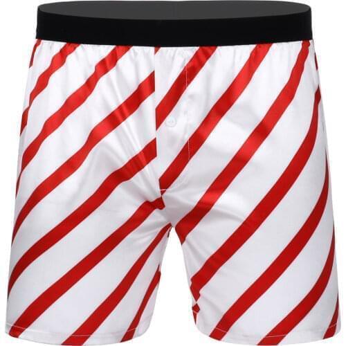 IEFiEL Mens Male Smooth Silky Satin Lingerie Mid-rise Classic Stripe Christmas Boxer Shorts Loose Lounge Short Pants