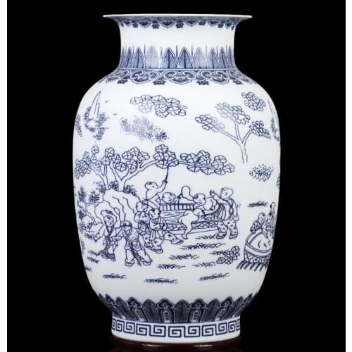 Jingdezhen Ceramic Vase Retro Dumb Light Blue and White Porcelain Flower Arrangement Large Dry Flower Vase Porcelain Vase
