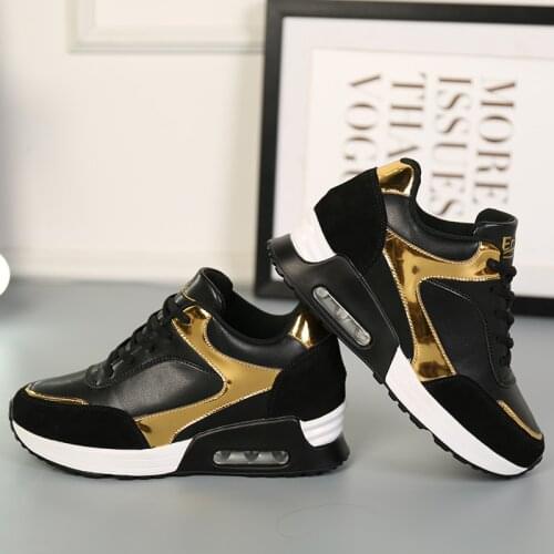 Spring Black High Platform Sneakers White Leather Sneakers Womens Hidden Heels Wedge Sneakers Lace Up Female Casual Shoes Woman