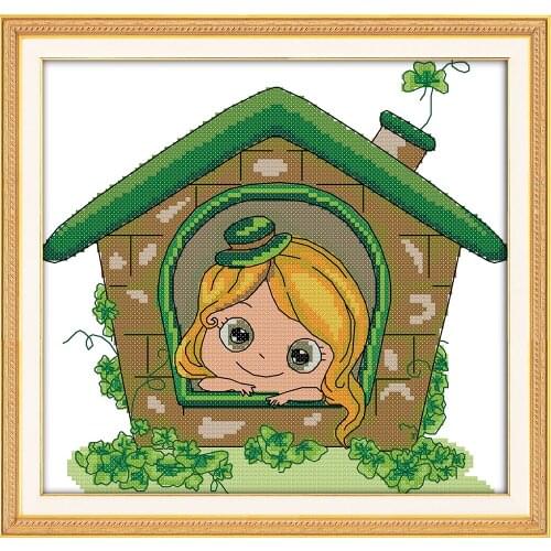 The girl in the house cross stitch kit cartoon people set pattern printed on canvas DIY handmade needlework