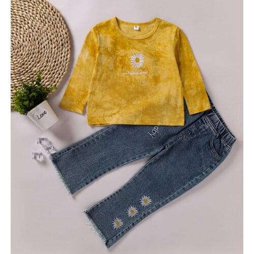 New Fashion Toddler Girl Clothes Set 2 Piece Daisy Embroidery Long Sleeve Tops+jeans Fall Winter Baby Girl Clothes Sets 1-6Y