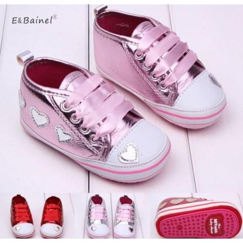 Baby Girls Shoes Sneakers Newborn Girls Heart Pattern First Walkers Kids Toddlers Lace Up PU Leather Sport Sneakers 0-18 Months
