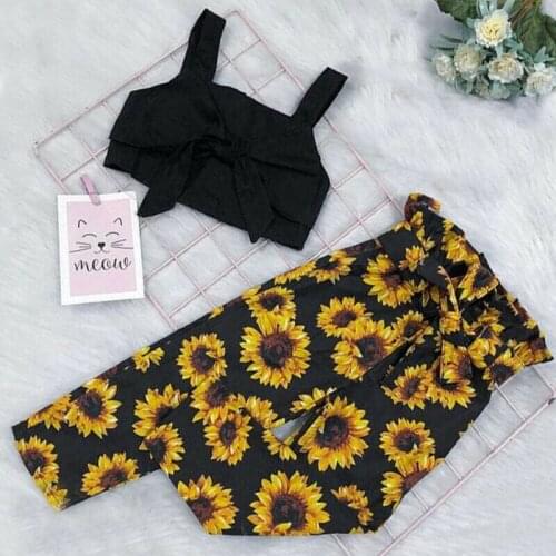Toddler Baby Girl Infant Clothes Bow Top Sleeveless Tank Sunflower Print Pants Outfit Set Tracksuit