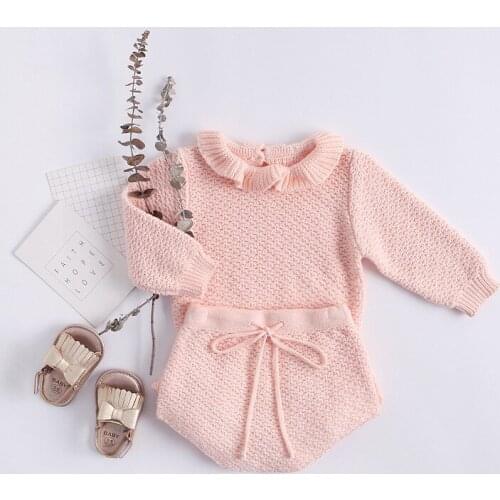 Newborn Baby Girls Clothes Autumn Knitted Baby Clothes Set 100% Cottom Ruffle Infant Clothing Set Baby Sweater + Shorts Outfits