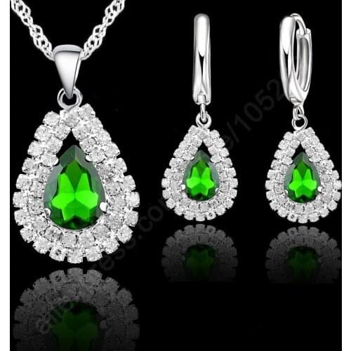 925 Sterling Silver Nice Shining Green Pendant Necklace Hoop Earring Sets Women 18" Silver Chain Necklace