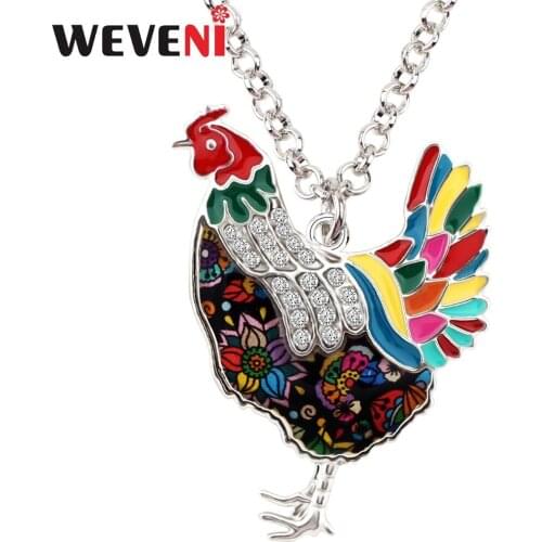WEVENI Enamel Alloy Rhinestone Chicken Hen Necklace Pendant Collar Cute Farm Animal Jewelry For Women Girls Teens Gift Wholesale