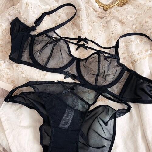 Wriufred Sexy net gauze transparent lingerie panty suit soft steel ring ultra-thin bow tie underwear set temptation hot bra
