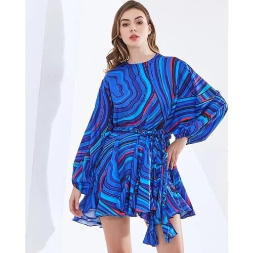 Early Spring New Fashion Womens Round Neck Lantern Sleeves Single-Breasted Lace-up Multi-color Printing Short Shirt Dress 2021