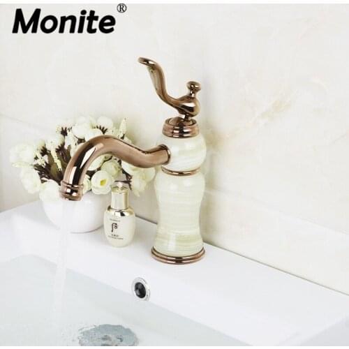 Monite Golden Plate Solid Brass Jade Body Bathroom Marble Basin Faucet Lavatory Single Handle Gold Finish Basin Sink Mixers Taps