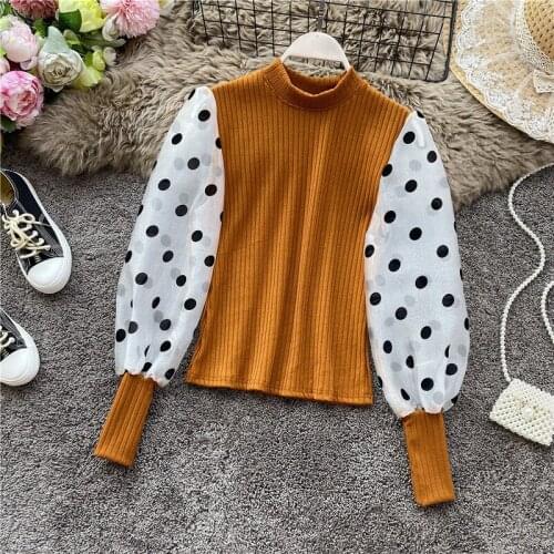 Vintage Pachwork Mesh Blouse Shirt Korean Casual Standf Collar Polk Dot Shirts Long Sleeve Loose Bottoming Knitted Tops Fall