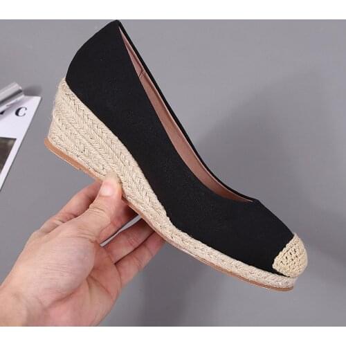 2021 Womens Wedge Espadrilles Sandals Spring and Autumn New Style Flock Middle Thick-heeled Platform Shoes Womens Straw Woven