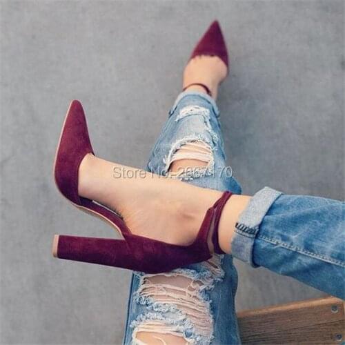 2018 New Fashion Talons Army Green Gray Black Red Sexy Pointed Toe Party Dress Shoes Woman Faux Suede Block Heels Lace Up Pumps