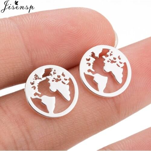 Jisensp New Stainless Steel World Map Stud Earrings for Women Travel Gift Vintage Globetrotter Earth Handmade Earrings Jewelry