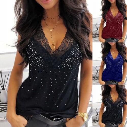 Office Ol Summer Crop Top Lace V Neck Women Tank Top Sleeveless Blouses Sequins Ladies Business Tank Top Tee Shirt D30