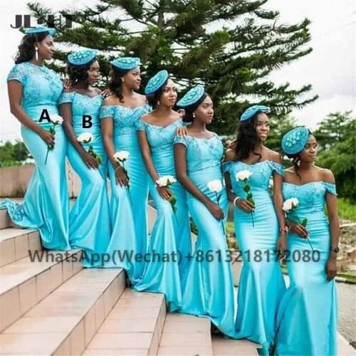 African Black Womens Mermaid Bridesmaid Dresses AB Design Silk Satin Off Shoulder Wedding Party Bridesmaid Dress