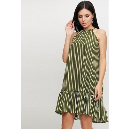 Women Vintage Striped Printed Ruffled A-line Party Dress Sleeveless Back Bandage