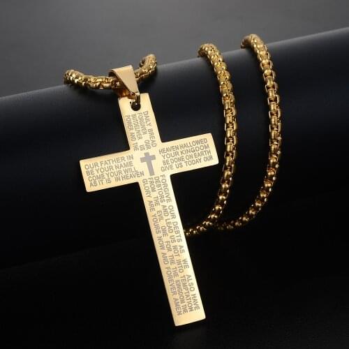 Gold Black Cross Bible Mens Necklace Pendant Scripture Our Father In Heaven Necklaces for Religious Male Jewelry Gifts