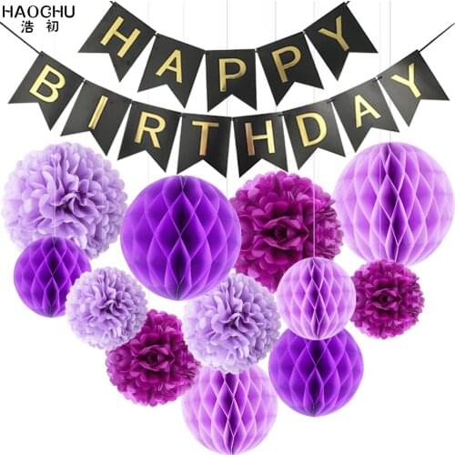 13pcs/lot Happy Birthday Banner Garland Flags Paper Decoration Set Honeycomb Ball Pom Poms Flower Baby Shower Party Decorative