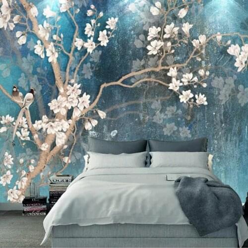 Milofi custom 3D wallpaper mural retro hand-painted magnolia vintage blue elegant oil painting decorative wallpaper mural