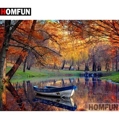 HOMFUN Full Square/Round Drill 5D DIY Diamond Painting "Boat tree scenery" 3D Diamond Embroidery Cross Stitch Home Decor A19745