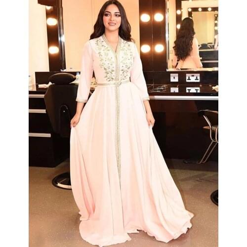 Elegant Pearl Pink Moroccan Kaftan Evening Dresses Long Prom Dress 2020 Embroidery A-Line Full Sleeve Arabic Muslim Formal Gowns
