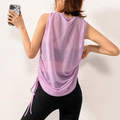 Sports Short Sleeved T-shirt Women Running Drawstring Loose Casual Yoga Clothes Vest Thin Gym Fitness Ladie Workout Tops New J37