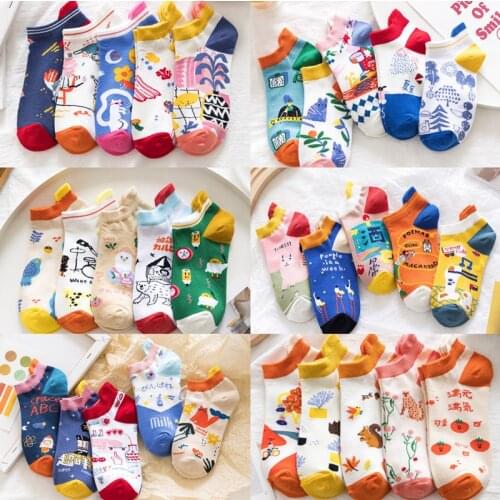 27 Color Summer New Cartoon Series Ladies Boat Socks Cute Orange Cat Japanese Fruit Fresh College Style Cotton Socks Interesting