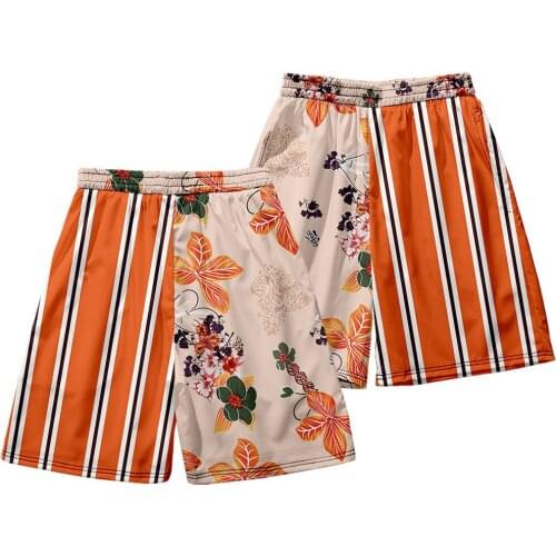 Hot Male Orange Floral Striped Patchwork Shorts Mens Loose Shorts Summer Quick Dry Comfortable Beachwear Plus Size S-6XL