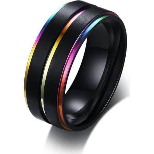 Fashion Stainless Steel Black Rings for Men With Rainbow Thin Line Rings Wedding Male Jewelry 8mm