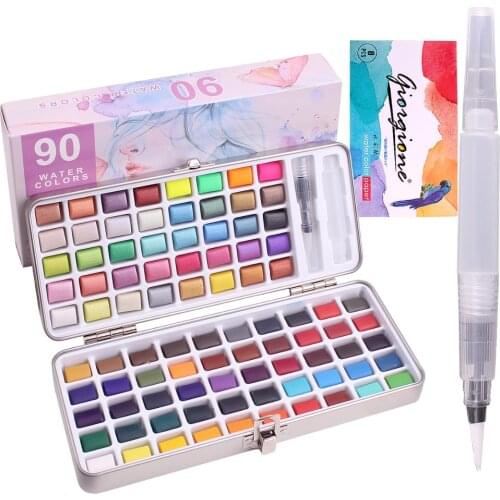 Solid Watercolor Painting Set UP to 120 Colors Including Water Brush Fluorescent Macaron Metallic Color Art Supplies