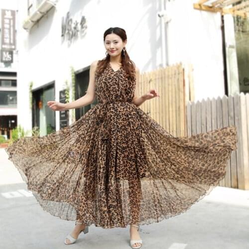 Sexy Leopard print Chiffon Long Maxi Dress Free and loose Beach Wedding Guest V Neck Long Flowy Dress Plus Size available