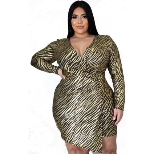 Striped Printing Women Plus Size Bodycon Sexy Clubwear Dress Autumn Sparkling Sequins Deep V-neck Long Sleeve Mini Dresses