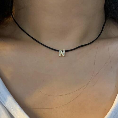 Simple Black Rope Chain Micro Pave CZ Alphabet ABC Letter Charm Choker Necklace Boho Handmade Weave Chain Collar Jewelry