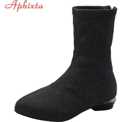Aphixta Winter Mid-Calf Sock Chelsea Boots Women Stretch Fabric Botas Mujer High Heel Boots Metal Heel Zip Ladies Shoes
