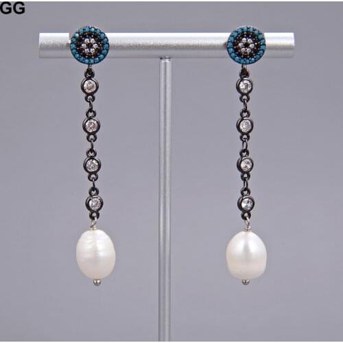 GuaiGuai Jewelry White Rice Pearl Gunmetal CZ Chain Stud Earrings