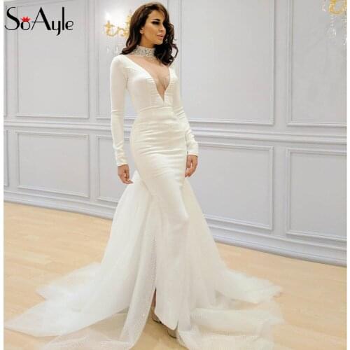 SoAyle Mermaid High Neck Long Sleeves Arabia Celebrity Muslim Evening Dresses Vestidos Gorgeous Formal Gowns