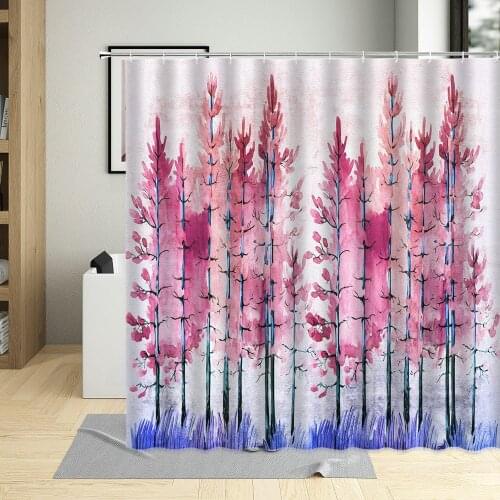 Natural Plant Forest Shower Curtain Pink Watercolor Tree Bathroom Sets Natural Scenery Trunk Bath Curtains With Hooks Waterproof