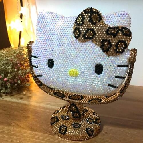 Handmade Leopard KT Dressing Mirror Rhinestone Kitty Makeup Portable Small Decorative Mirrors Table Makeup Decor Cute Cat Pink