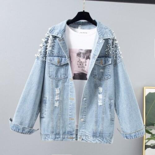 Spring and Autumn New Fashion Plus Size Vintage Heavy Industry Beaded Womens Denim Coat Loose Hole Female Casual Jean Jacket