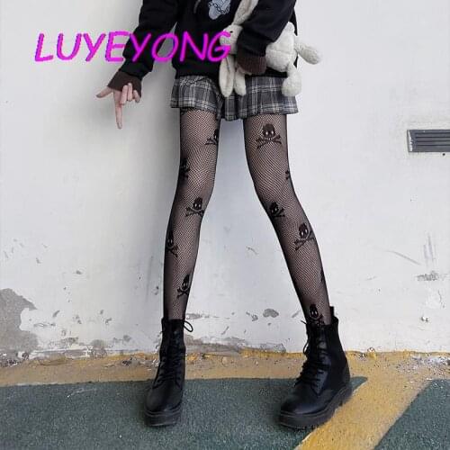 Dark Gothic Skull Sexy Women Tights 2021 Hipster Solid Black Lady Hollow out Nylon Thin Leggings Cool Elastic Streetwear Tight