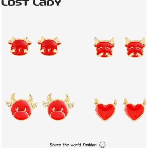 Lost Lady 2021 New Cute Cow Stud Earrings Spring Festival Style Lcuky Red Earrings For Women Party Jewelry Accessories Wholesale