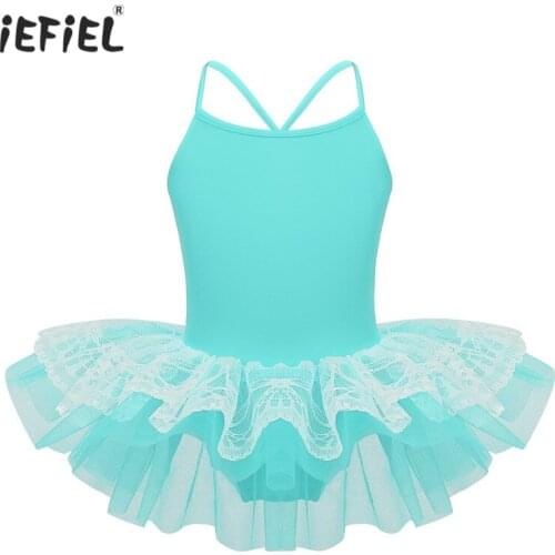 IEFiEL Kids Girls Ballerina Ballet Dress Gymnastics Leotard Spaghetti Shoulder Straps Lace Mesh Tutu Dress Ballet Dance Costume