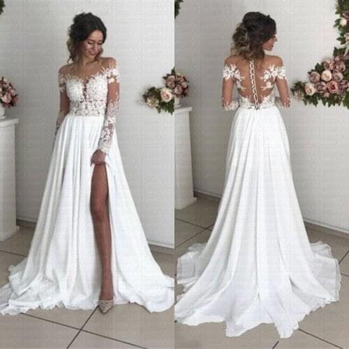 Sexy Beach Vestido De Noiva 2019 New Boho Long Sleeves Wedding Dress Split Long Bridal Gowns Robe De Mariee