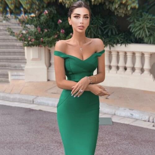 Summer Dress 2021 Women Fashion Sexy Knee Length Green Red Black Bandage Dress Designer Midi Celebrity Party Dress