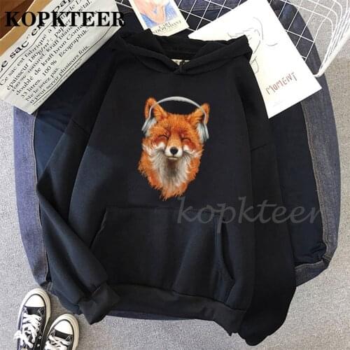 Harajuku Winter Cute Smiling Musical Fox Print Korean Pullovers Hoodies Women Men Loose Tops Kangaroo Pocket Sweatshirt Hot Sale
