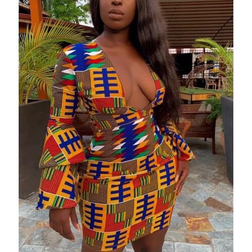 African Ankara Kaftan Turkey Dubai Women Lady Dress Fashion V-Neck Sexy Slim Bohemian Printed Dresses Arab Bazin Arab Clothing