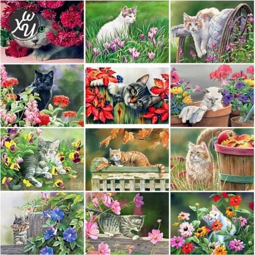Diamond Painting Flowers with Animals Full Drill Cross Stitch Kits for Adults Cat Square Round Mosaic Art Rhinestones Home Decor