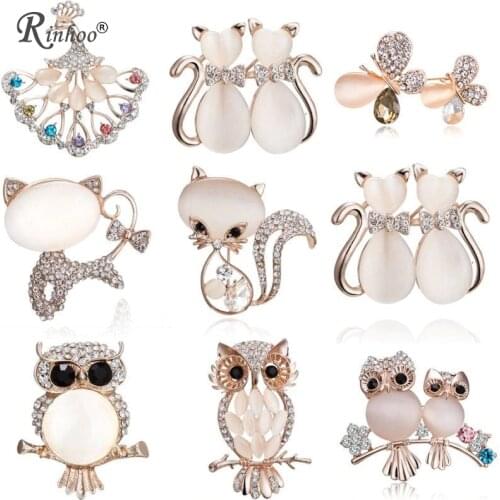 RINHOO Cute Animal Cat Owl Butterfly Brooch For Women Europe America Fashion Wedding Jewelry Stones Crystal Brooch Pins