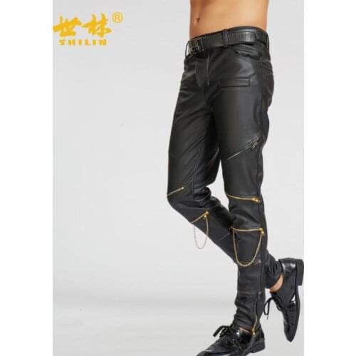 Multiple zipper fashion motorcycle faux leather pants mens feet pants thin pu trousers for men pantalon homme spring autumn