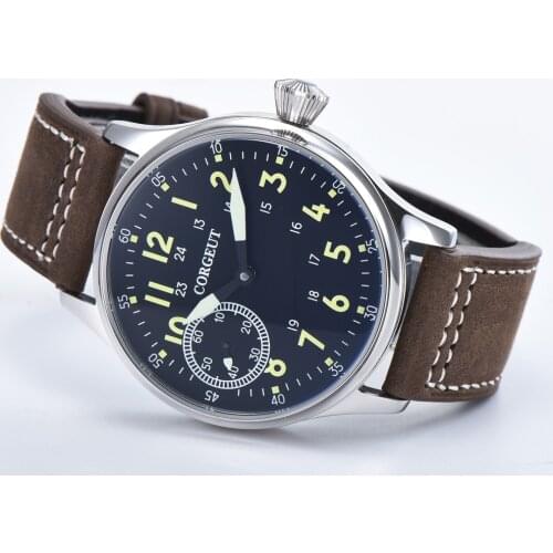 CORGEUT Luxury Fashion 44mm Aseptic Black Dial Mechanical Manual Winding Mens Watch Seagull Movement Sports Mechanical Watch